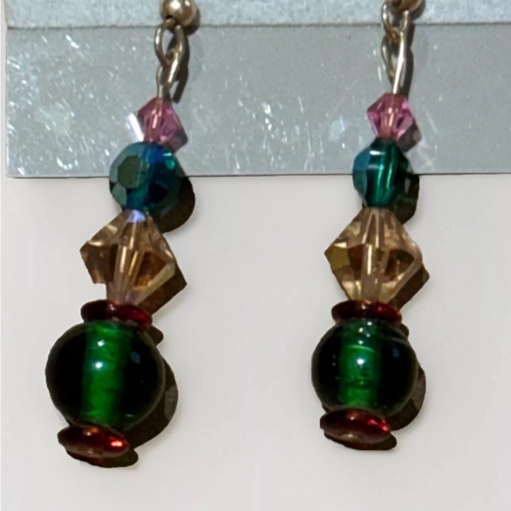 Handcrafted Crystal Earrings Pink Green Yellow Red Gold toned  Drop Hook